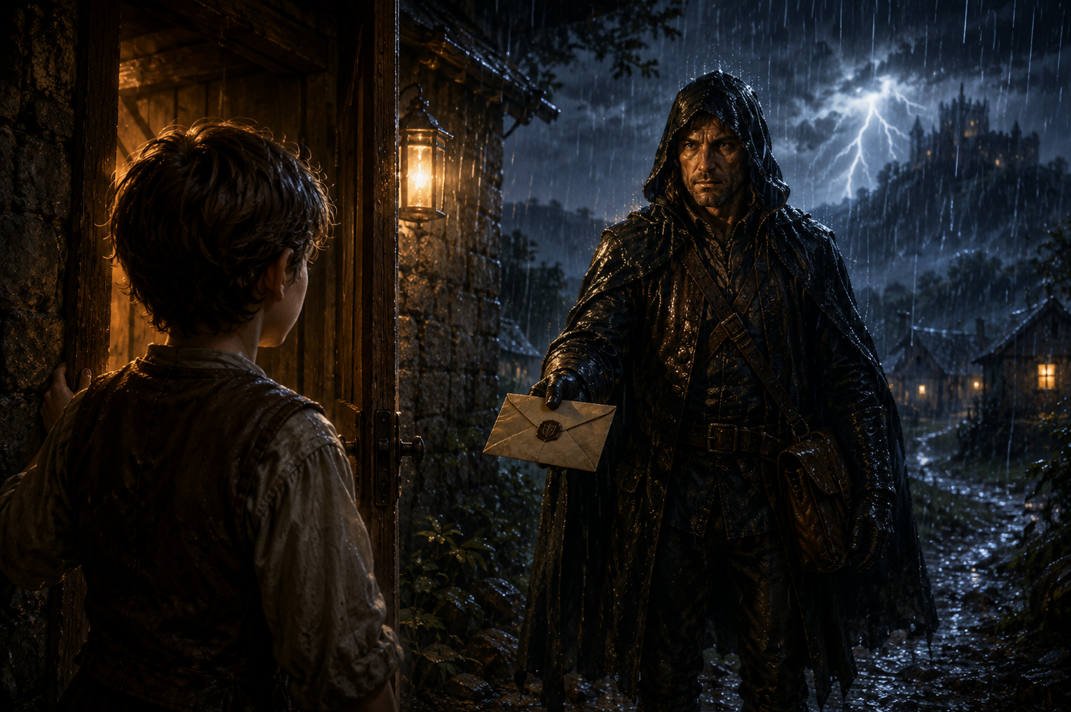 Un mensajero llegando bajo la lluvia a la casa de Alexander