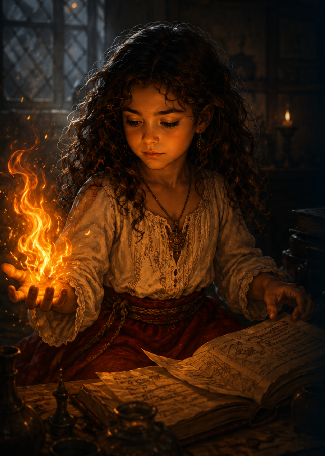 Carmen de niña aprendiendo a controlar el Fuego Adentro