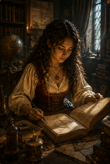 Carmen estudiando mapas y textos sobre los Syrneth